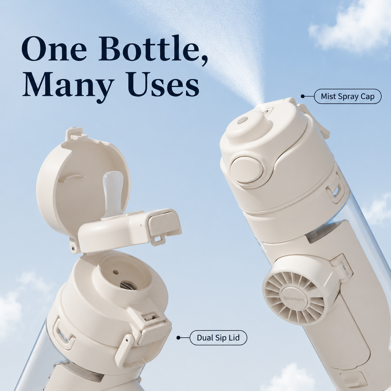 4 in 1 cooling water bottle with fan mist spray straw drinking and direct sip multifunction portable design