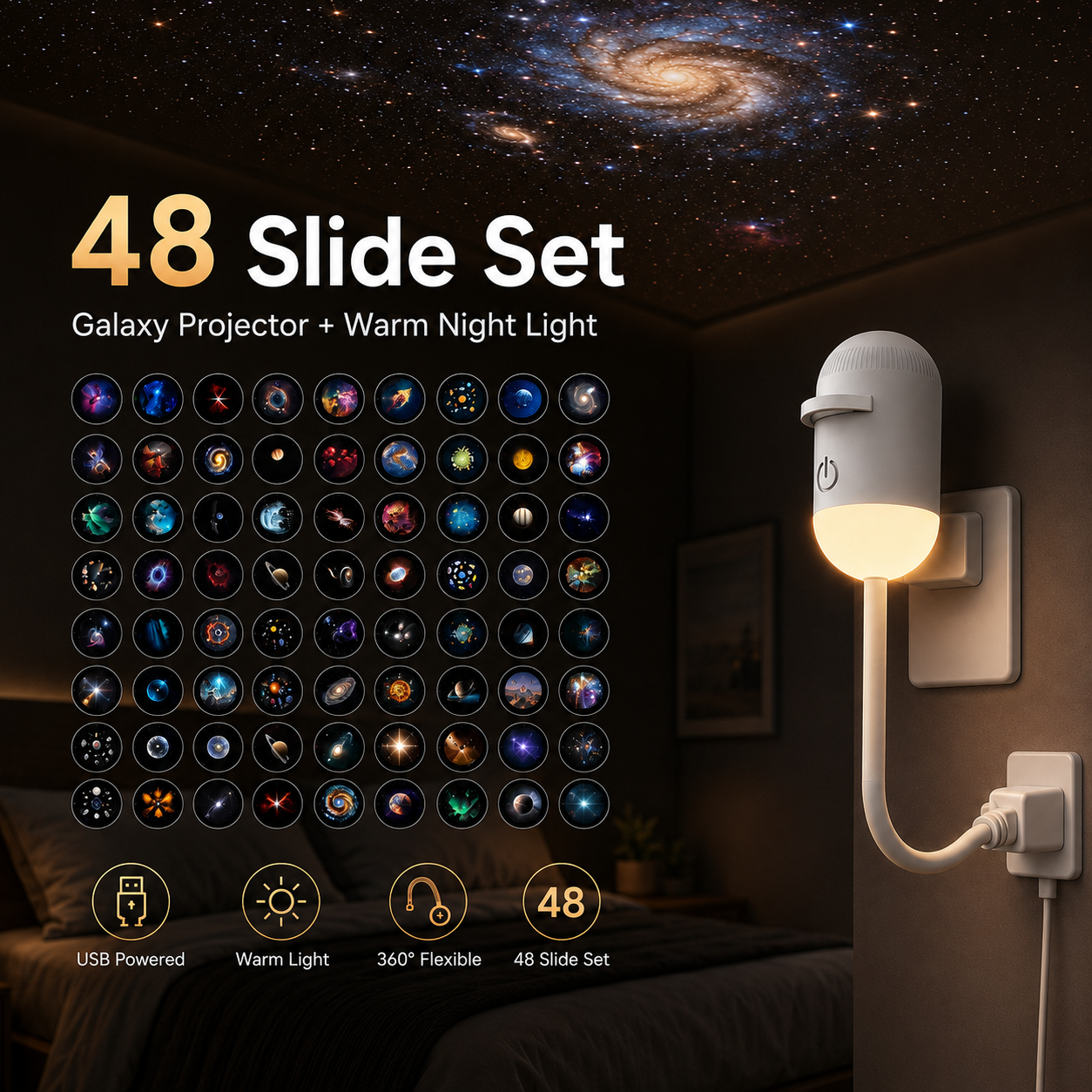 48 Slide Set galaxy projector night light with a large collection of cosmic slide discs and warm room lighting