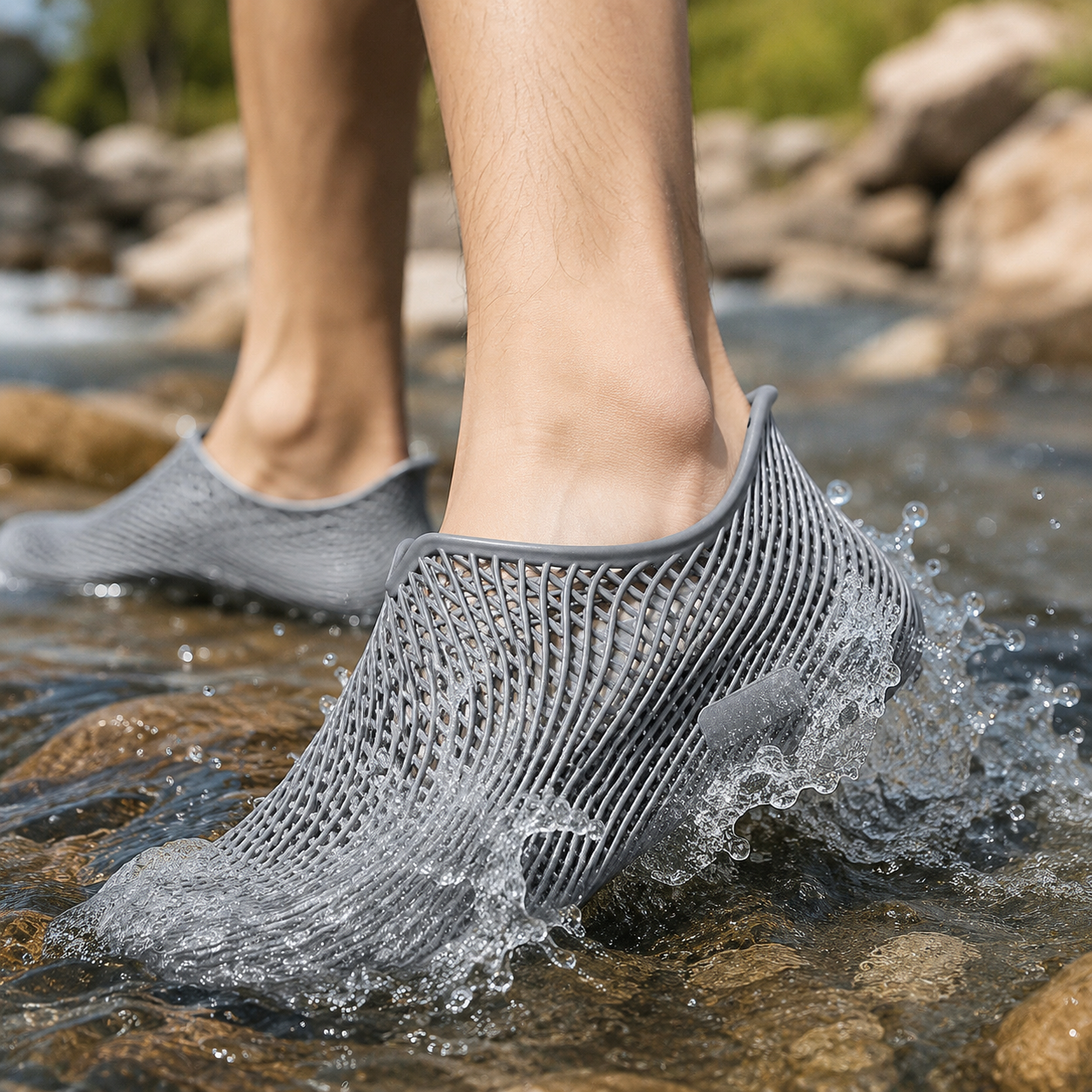 Waterproof quick dry shoes draining water through open mesh