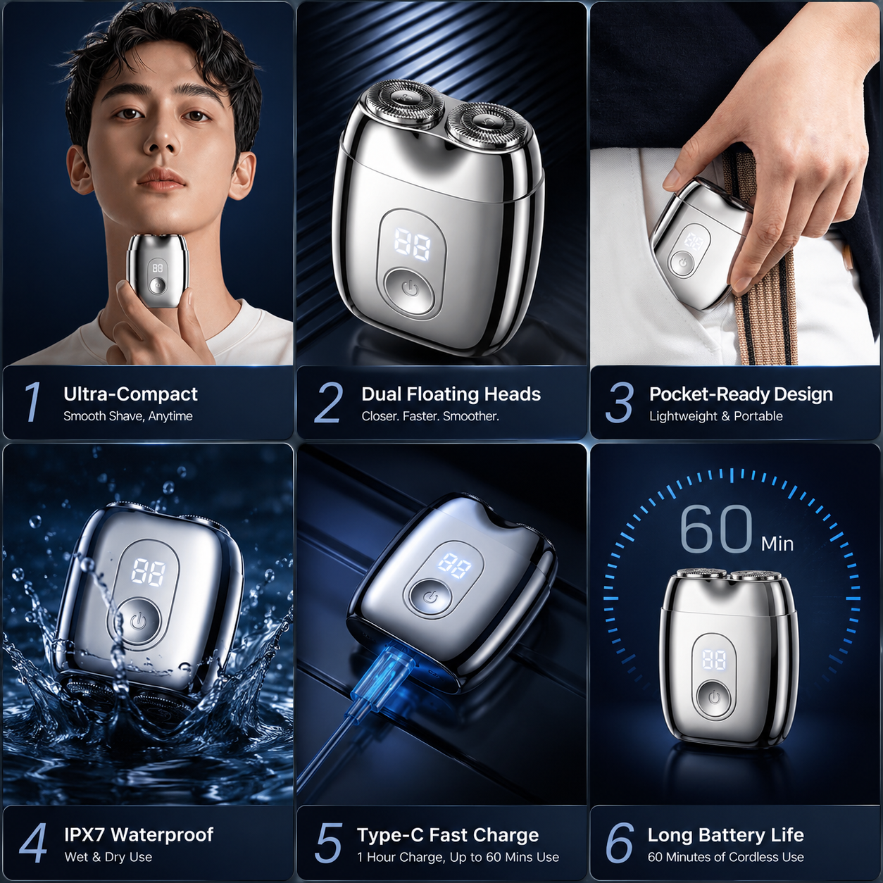 IPX7 waterproof mini electric razor for wet and dry shaving
