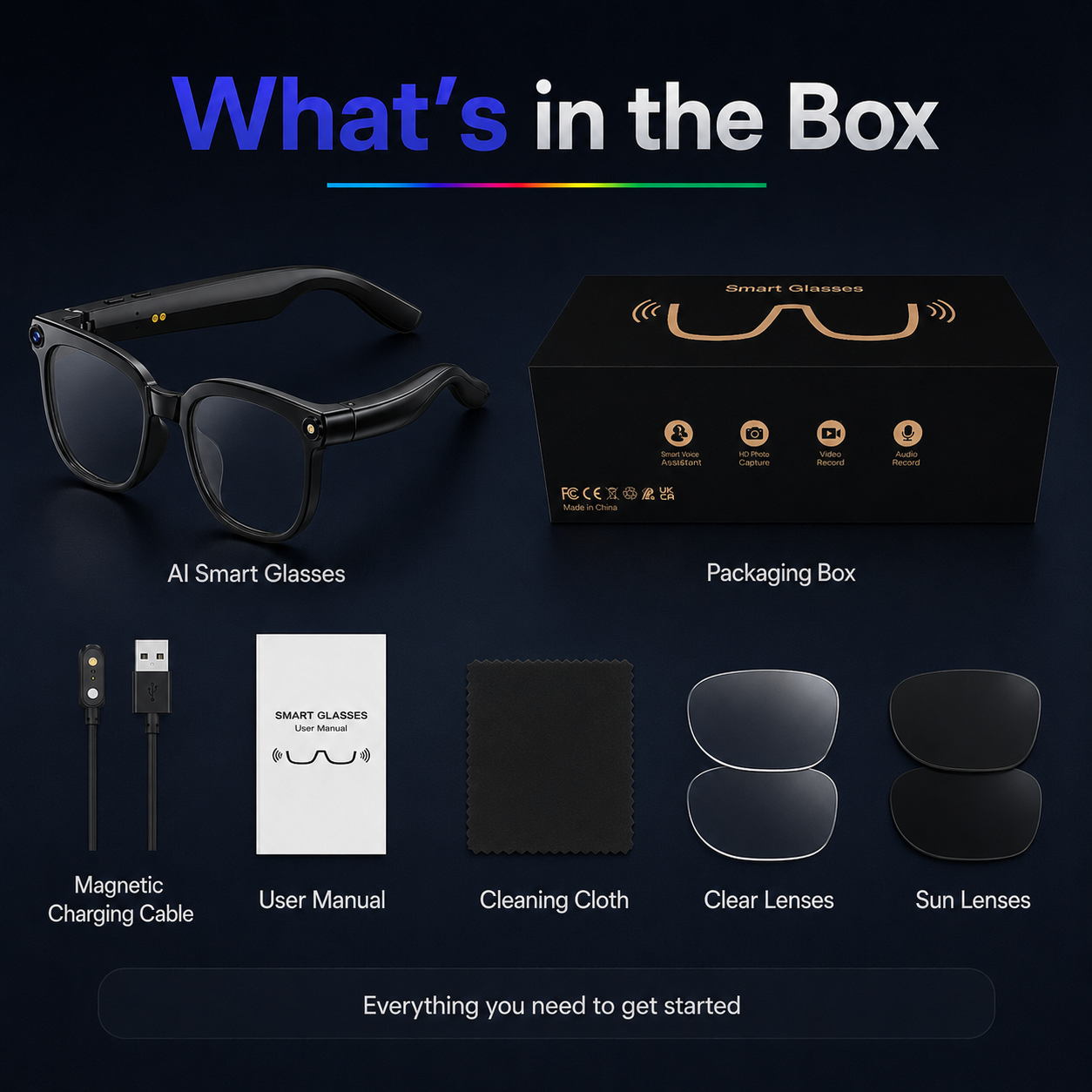 AI smart glasses package includes smart glasses, packaging box, magnetic charging cable, user manual, cleaning cloth, clear lenses, and sun lenses