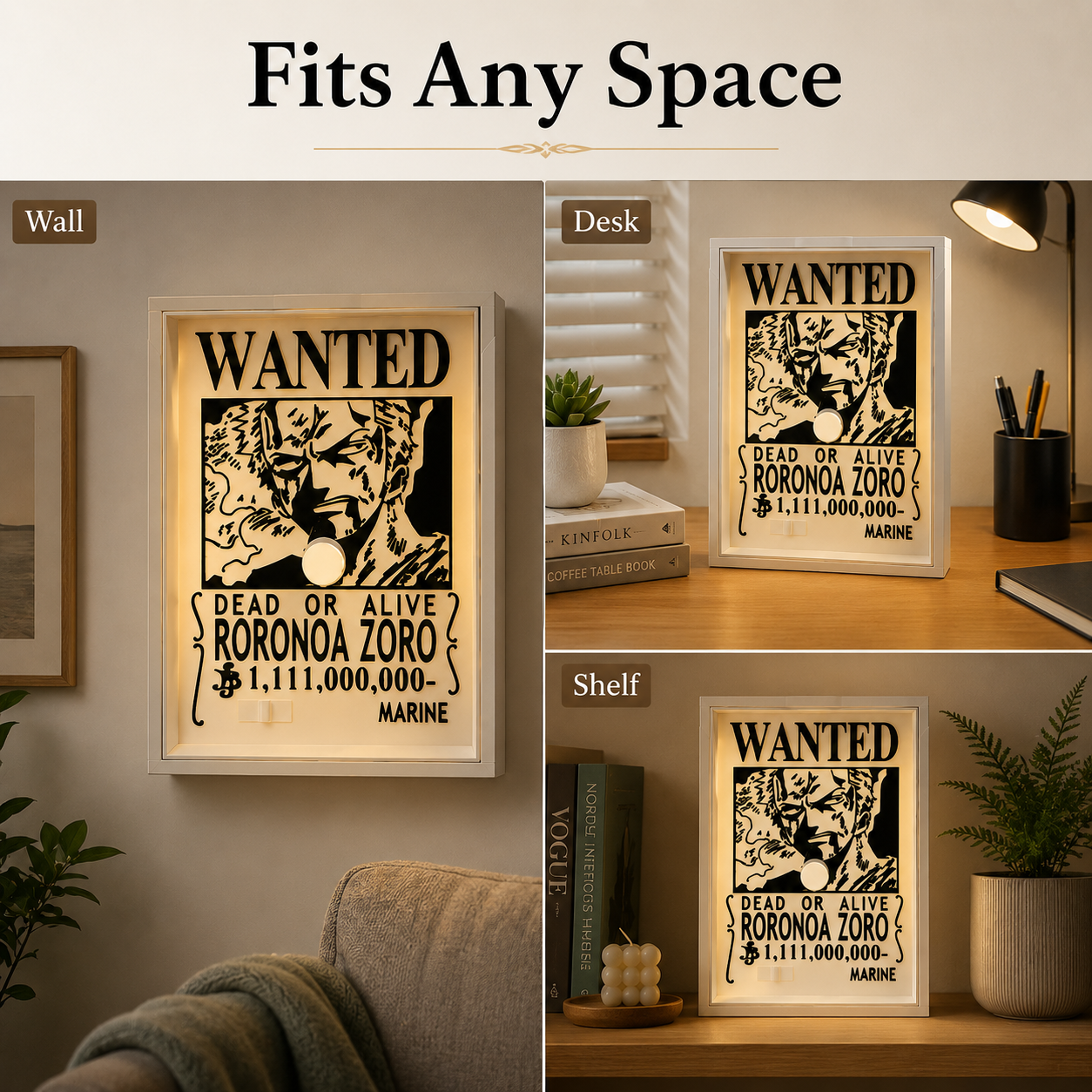 Anime-inspired shadow lamp displayed in bedroom, shelf, desk, and wall decor scenes for compact room lighting
