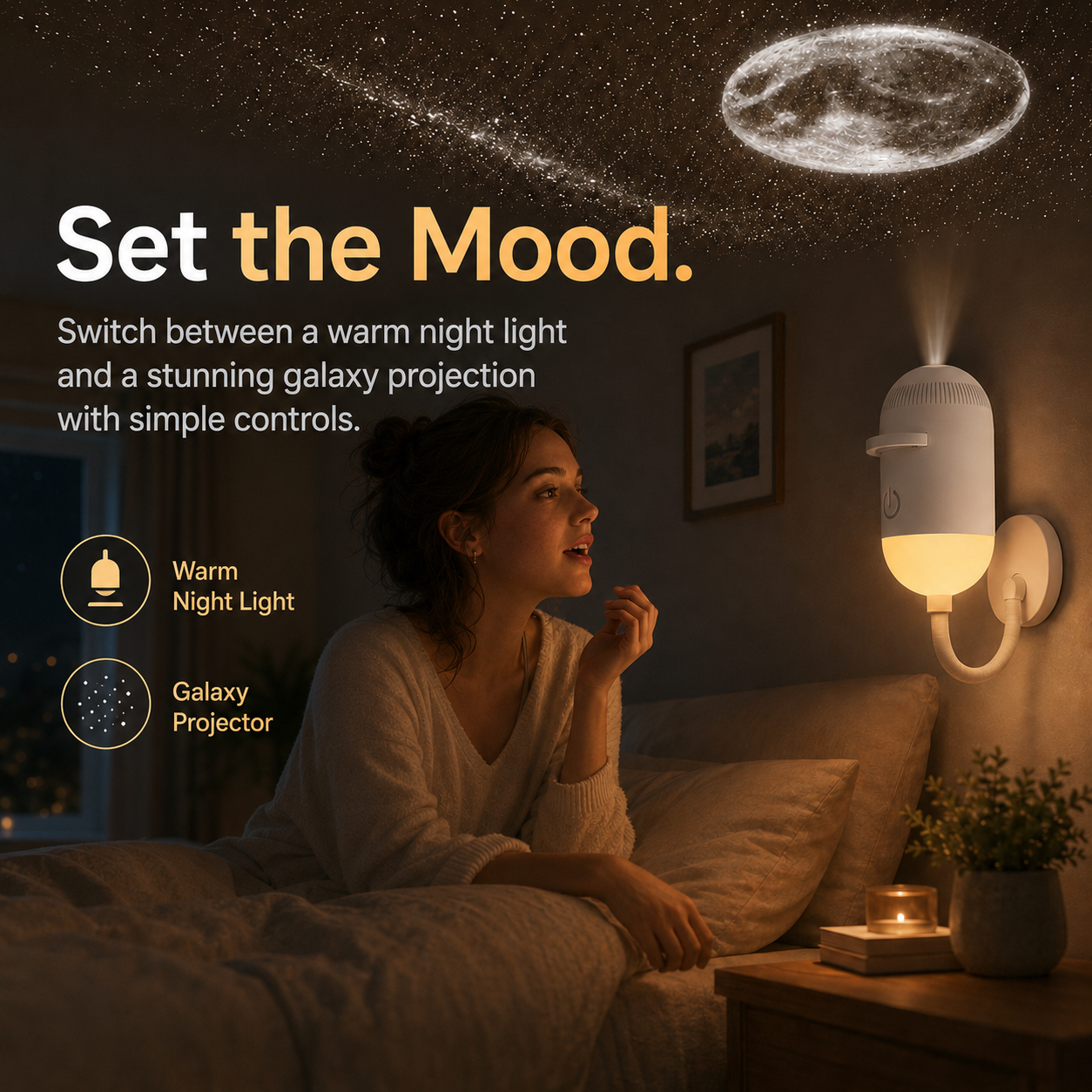 LED night light with flexible gooseneck projecting stars on ceiling