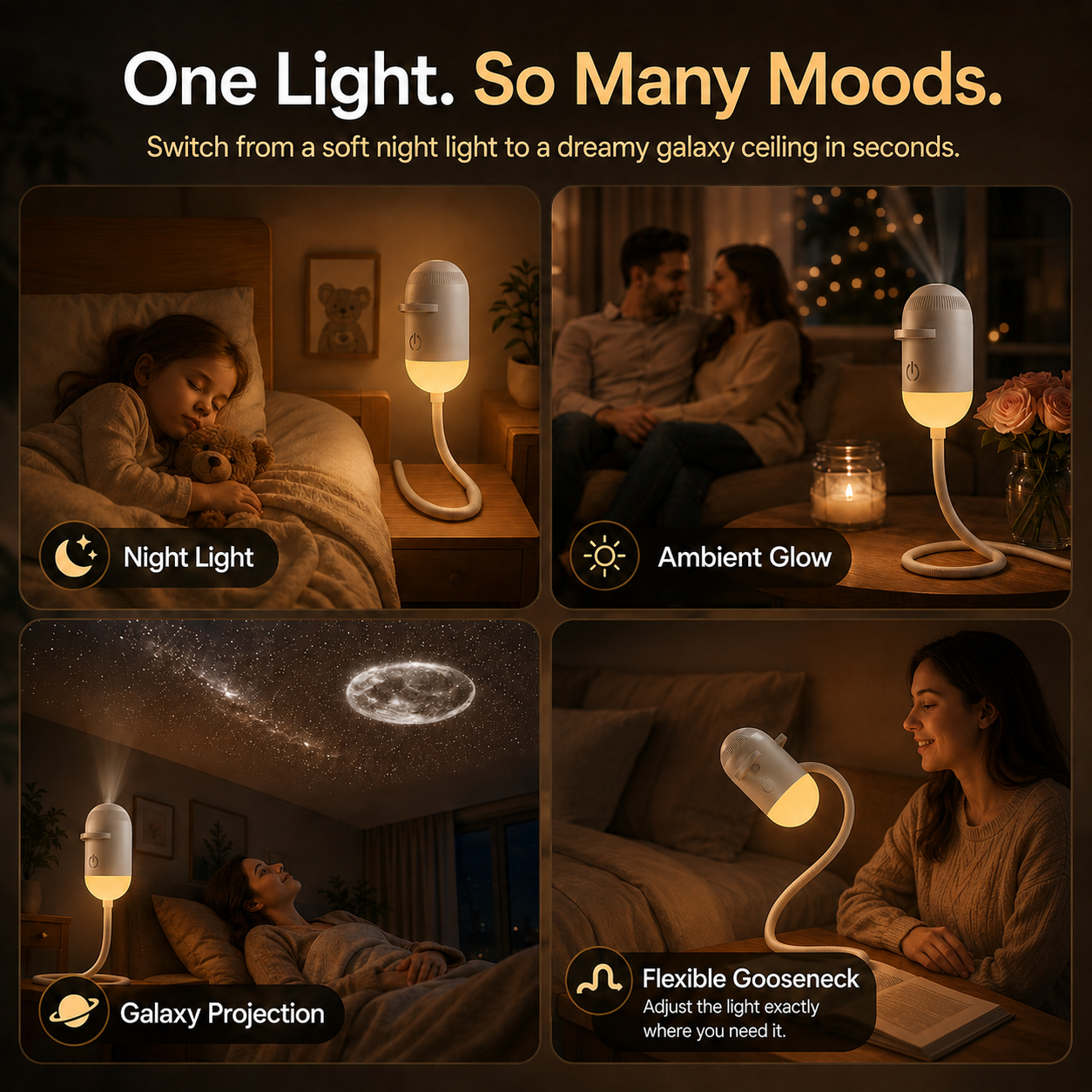 Mood lighting with galaxy night lamp – flexible gooseneck and soft illumination