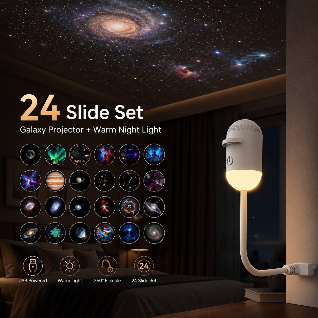 24 Slide Set galaxy projector night light with twenty-four dreamy projection themes for bedroom and living room decor