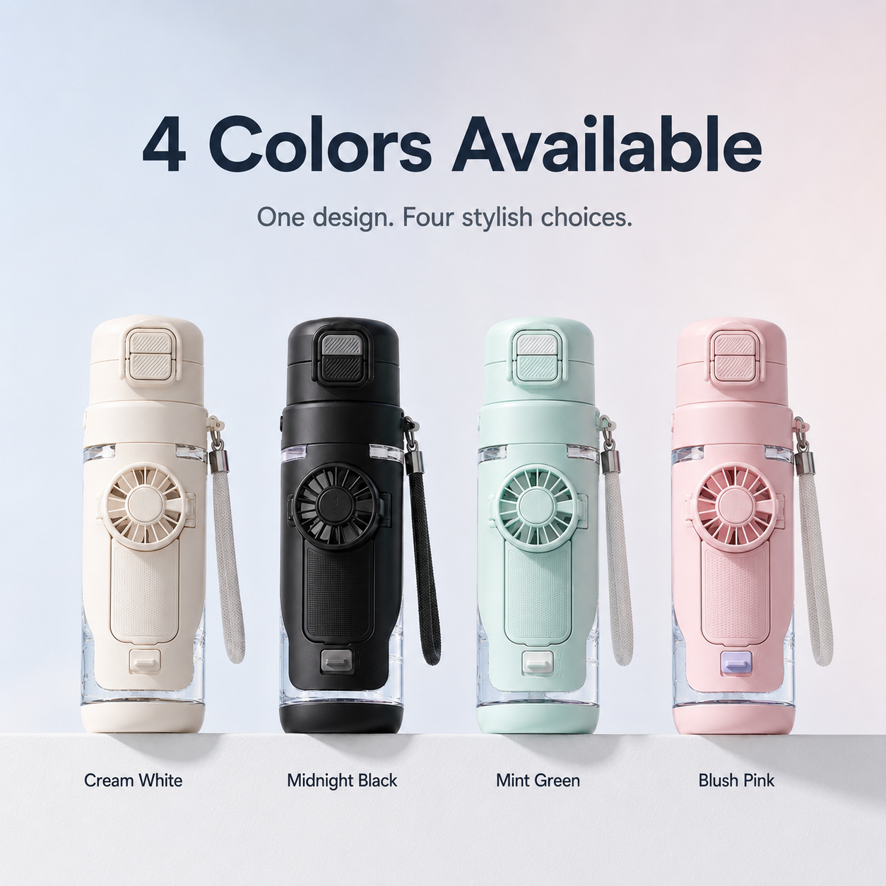 4 colors available 4-in-1 cooling fan water bottle 690ml portable mist spray drinking bottle multifunction design