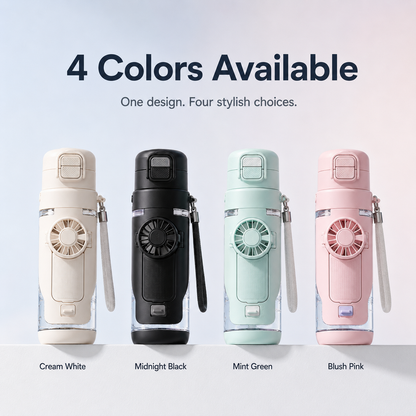 4 colors available 4-in-1 cooling fan water bottle 690ml portable mist spray drinking bottle multifunction design