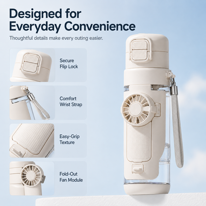 4-in-1 cooling water bottle with built-in mini fan, secure flip lock, wrist strap, easy-grip texture, and fold-out fan module