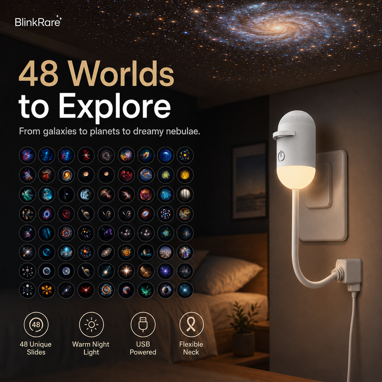 48 Worlds Galaxy Projector Night Light with warm bedside glow and USB powered star projection for bedroom decor