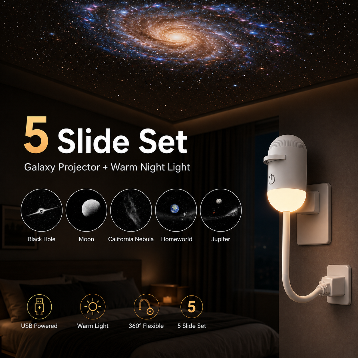 5 Slide Set galaxy projector night light with five interchangeable projection themes and warm bedside light