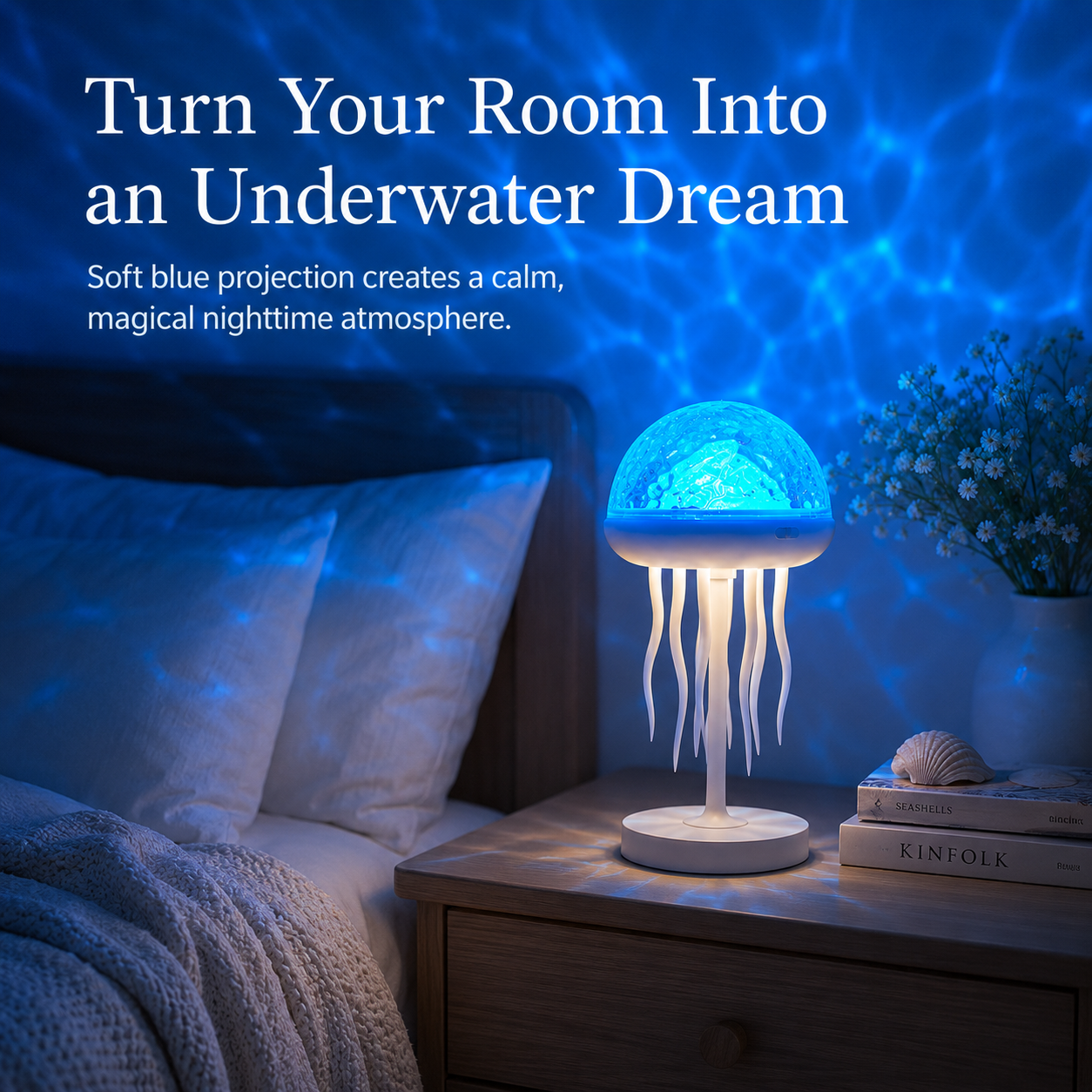 Jellyfish night light with blue underwater ocean projection