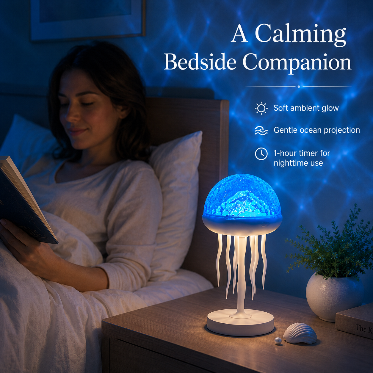Blue jellyfish night light for bedside table and room decor