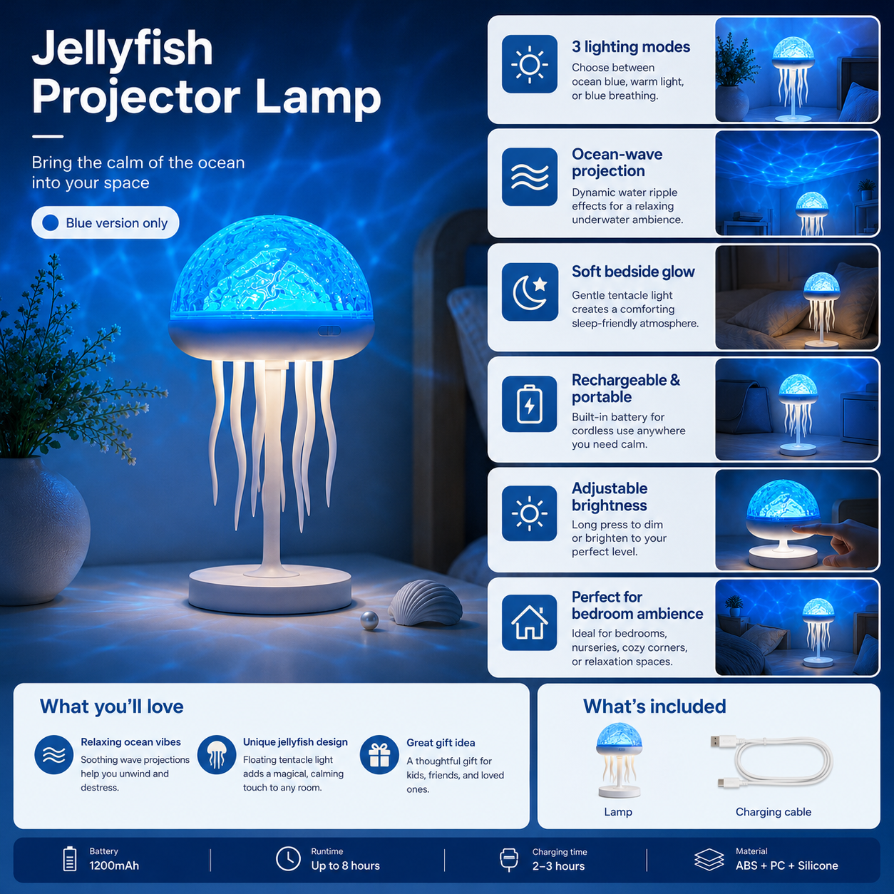 Jellyfish night light with blue underwater ocean projection