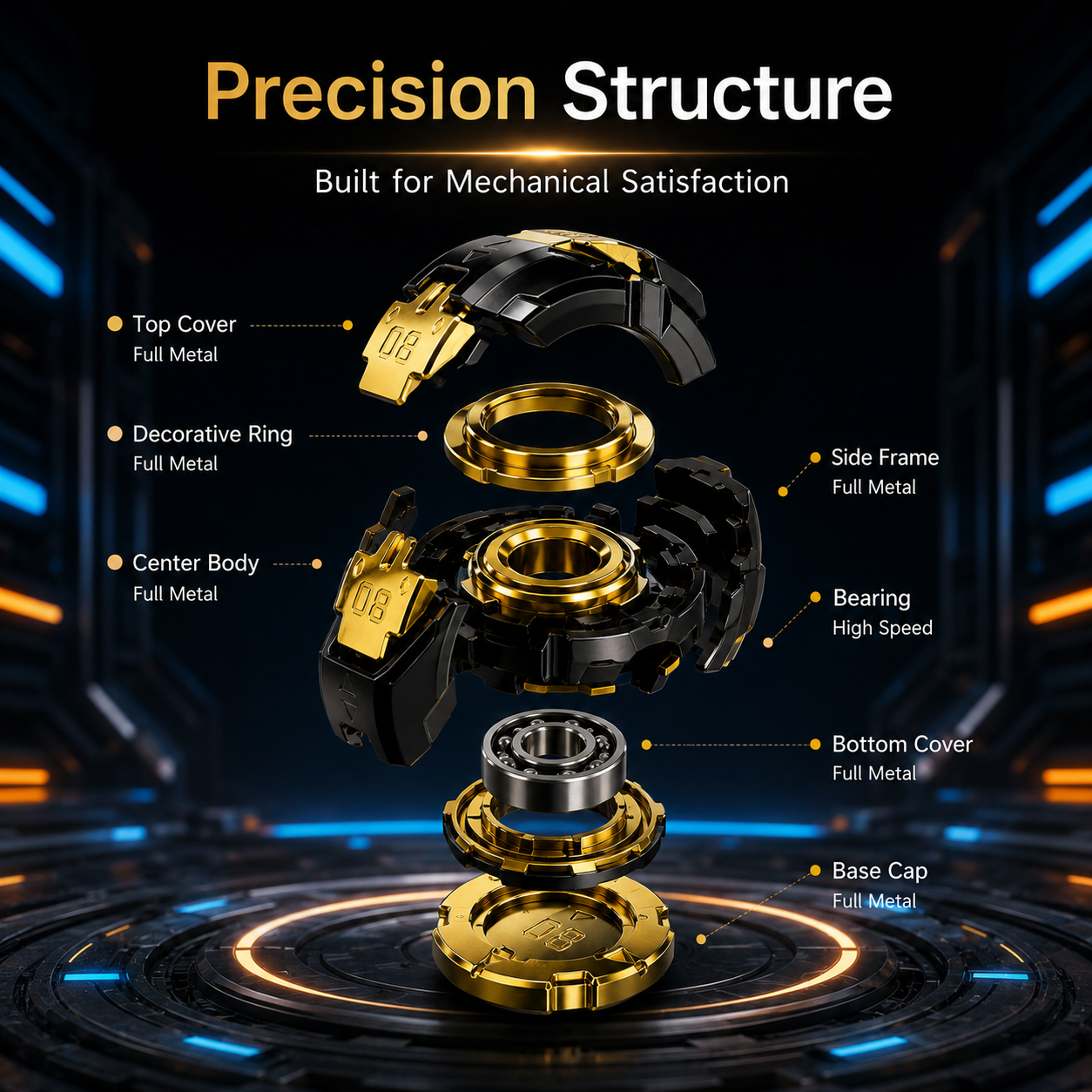 Precision mechanical structure of a full metal spin-to-open fidget spinner