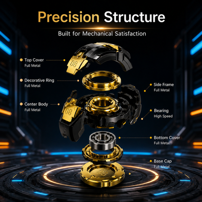 Precision mechanical structure of a full metal spin-to-open fidget spinner