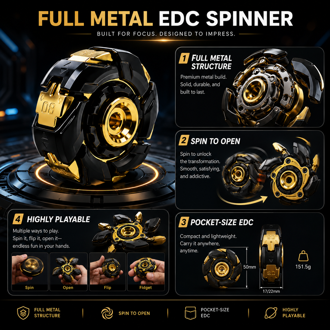 Full metal mechanical EDC spinner size and weight details