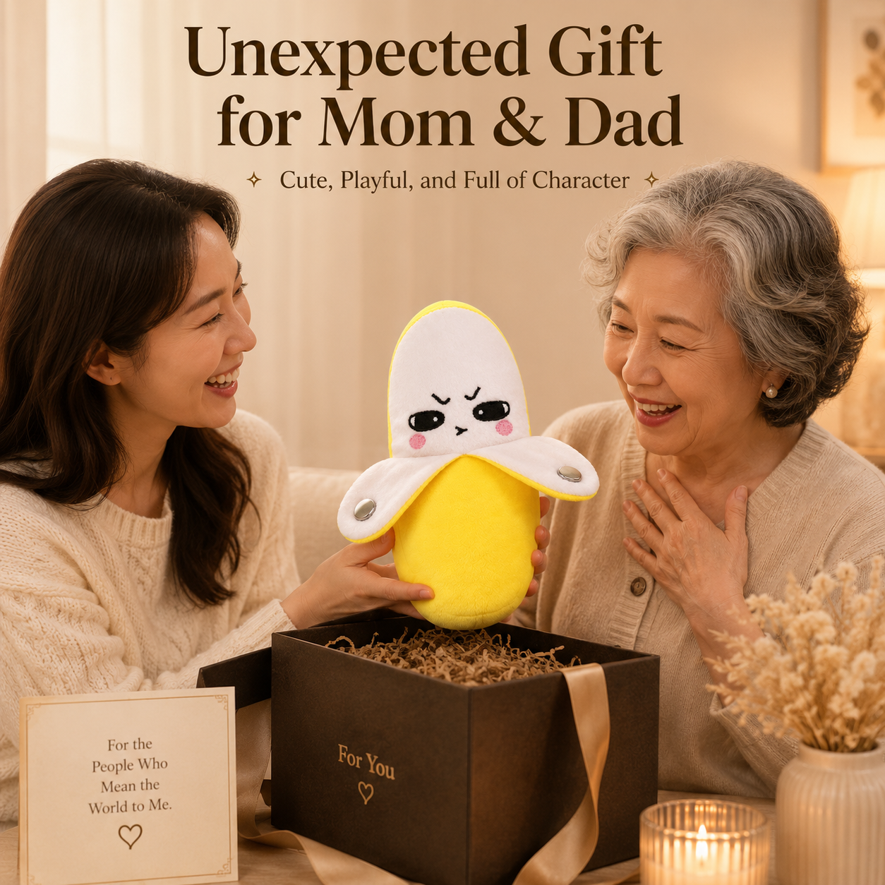 Soft banana plush with embroidered face and touch-to-play music feature