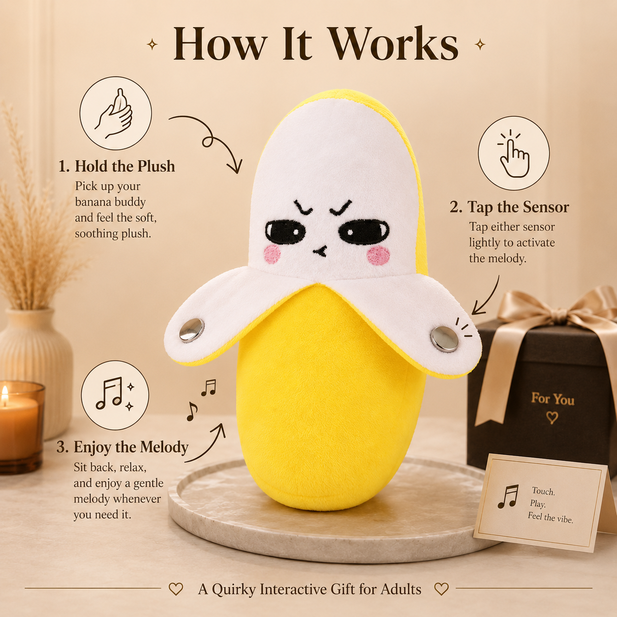 Soft banana plush with embroidered face and touch-to-play music feature