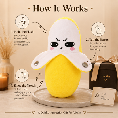 Soft banana plush with embroidered face and touch-to-play music feature