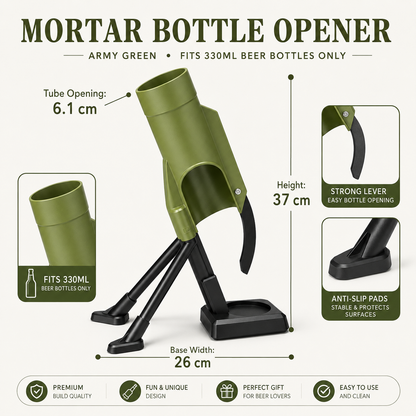 Mortar beer bottle opener size chart with 37cm height and 26cm base