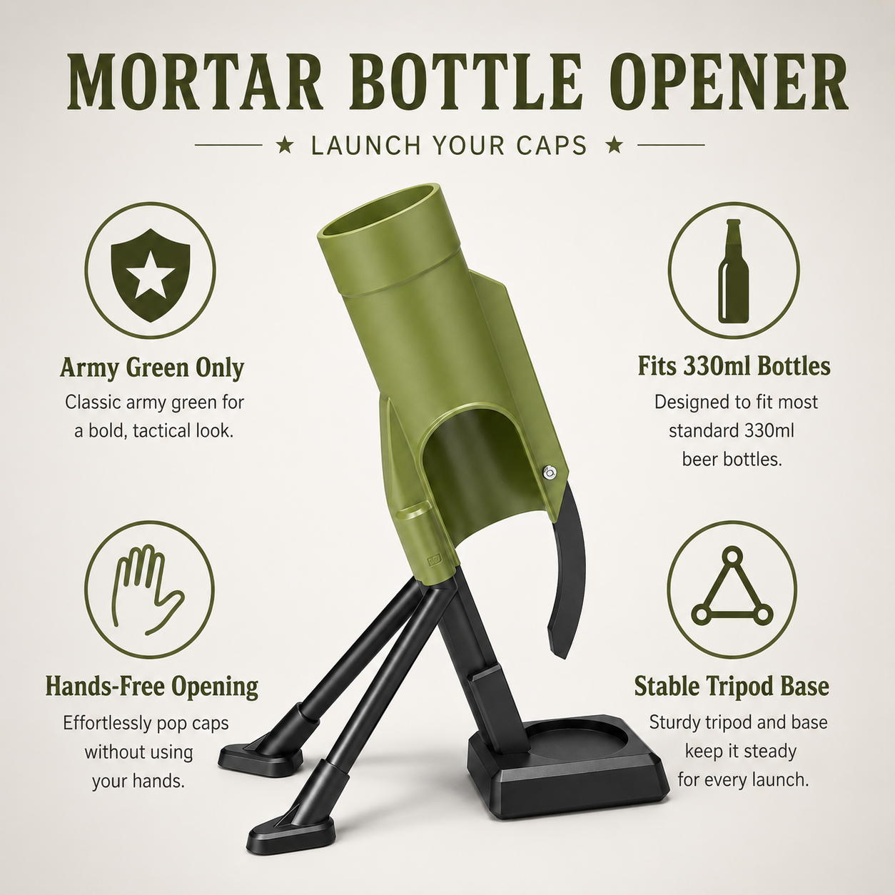 Military green bottle opener with hands-free design and stable tripod base