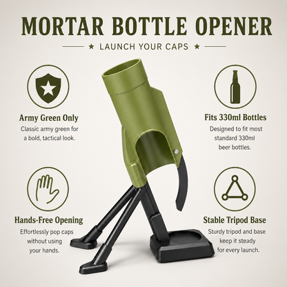 Military green bottle opener with hands-free design and stable tripod base