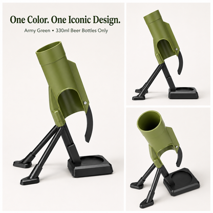 Army green mortar beer bottle opener with tabletop tripod design