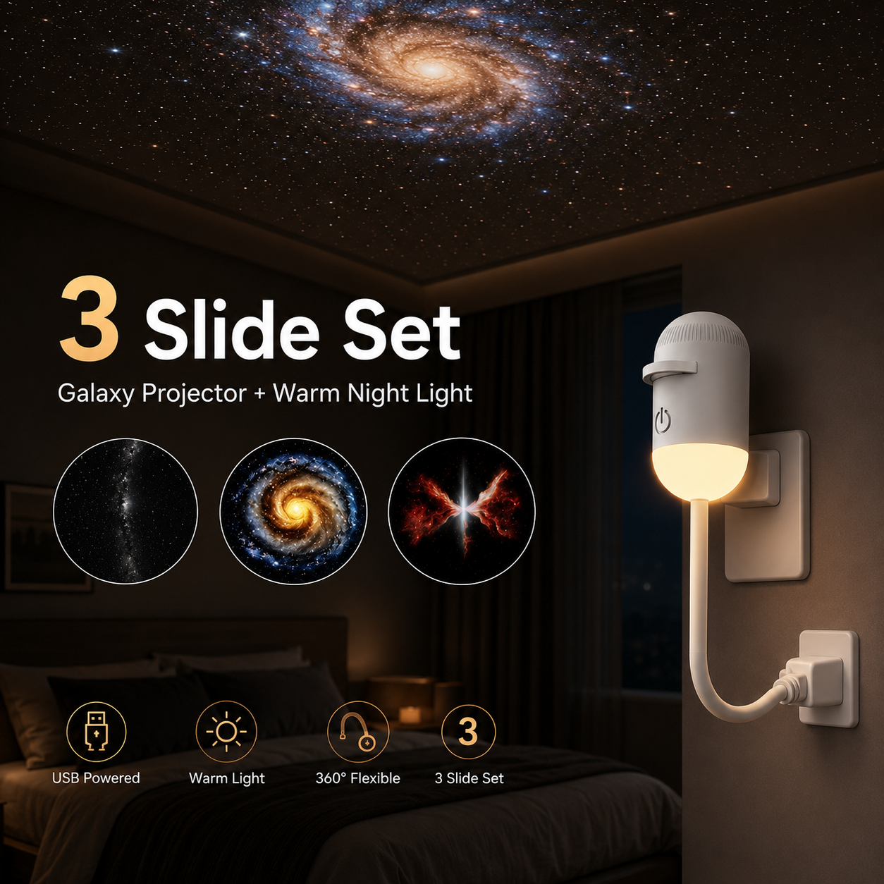 Proyector de luz nocturna Galaxy de modo dual con 3 discos de diapositivas de ensueño