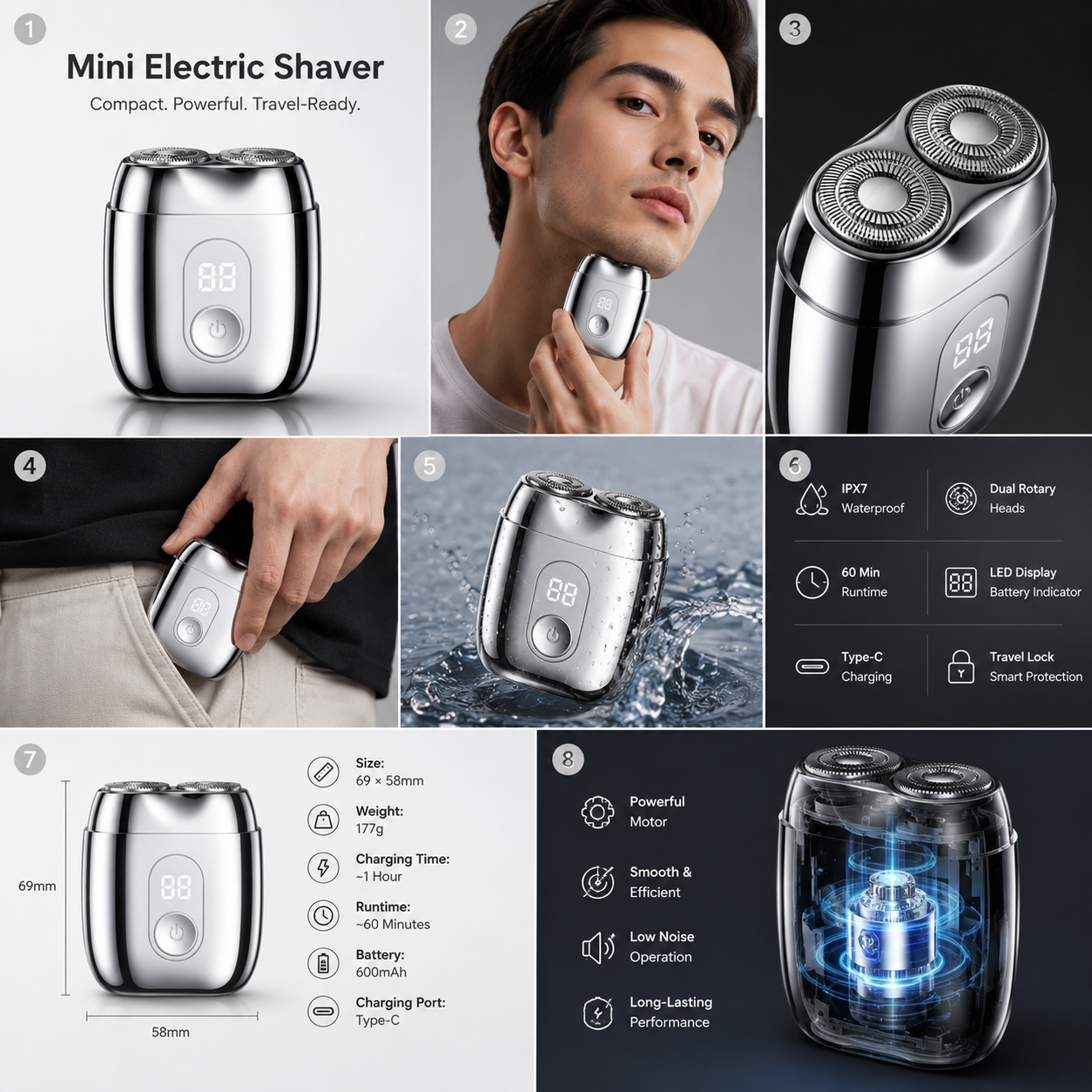Mini electric shaver with Type-C fast charging and IPX7 waterproof design