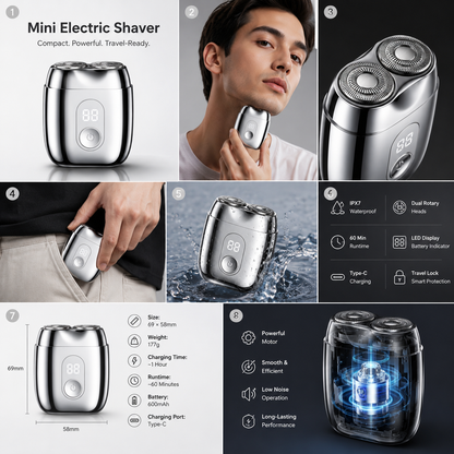 Mini electric shaver with Type-C fast charging and IPX7 waterproof design