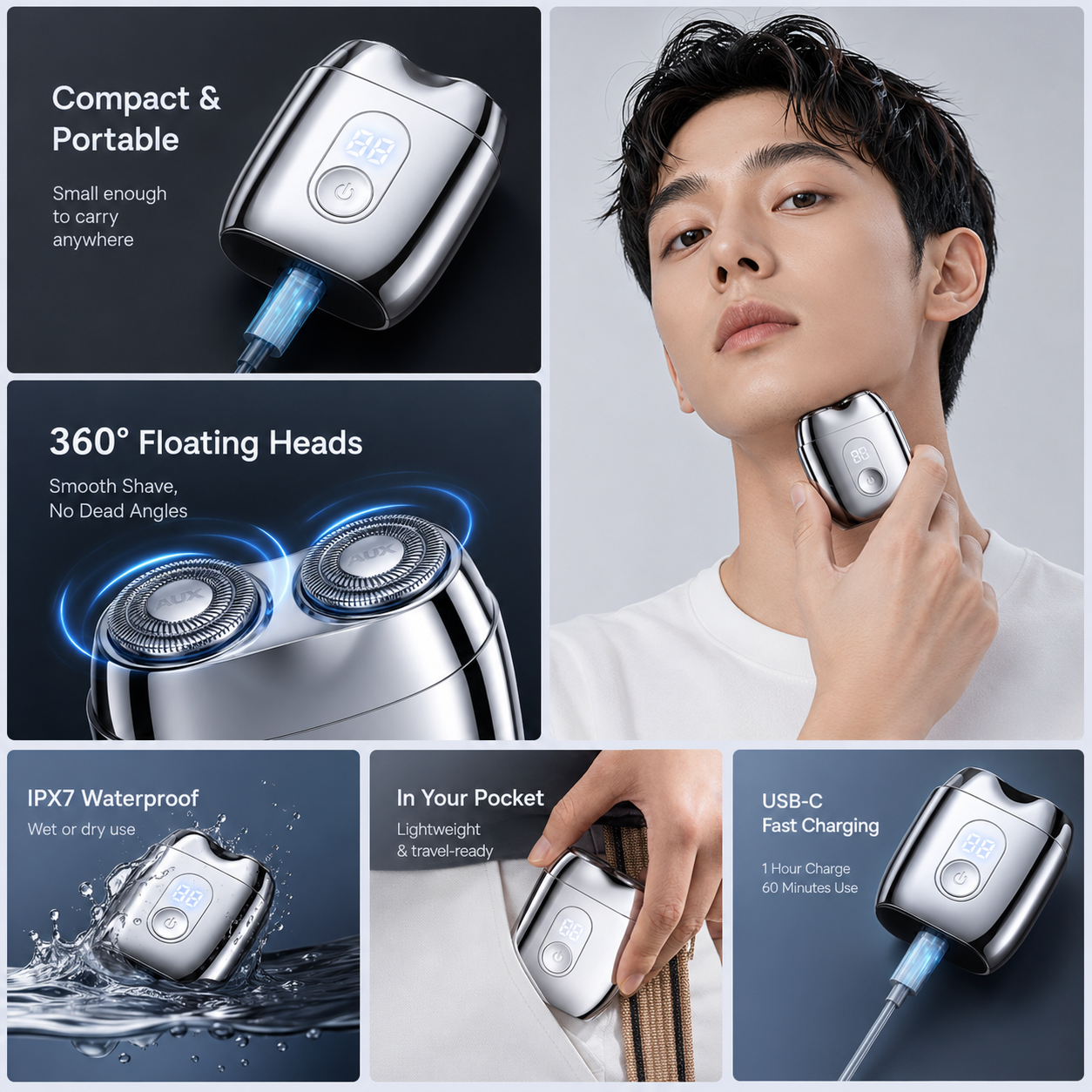 Sharp double-ring blades on compact mini electric shaver