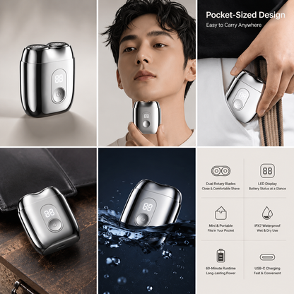 Sharp double-ring blades on compact mini electric shaver