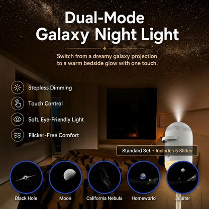 Dual-mode galaxy night light with features and projections displayed.