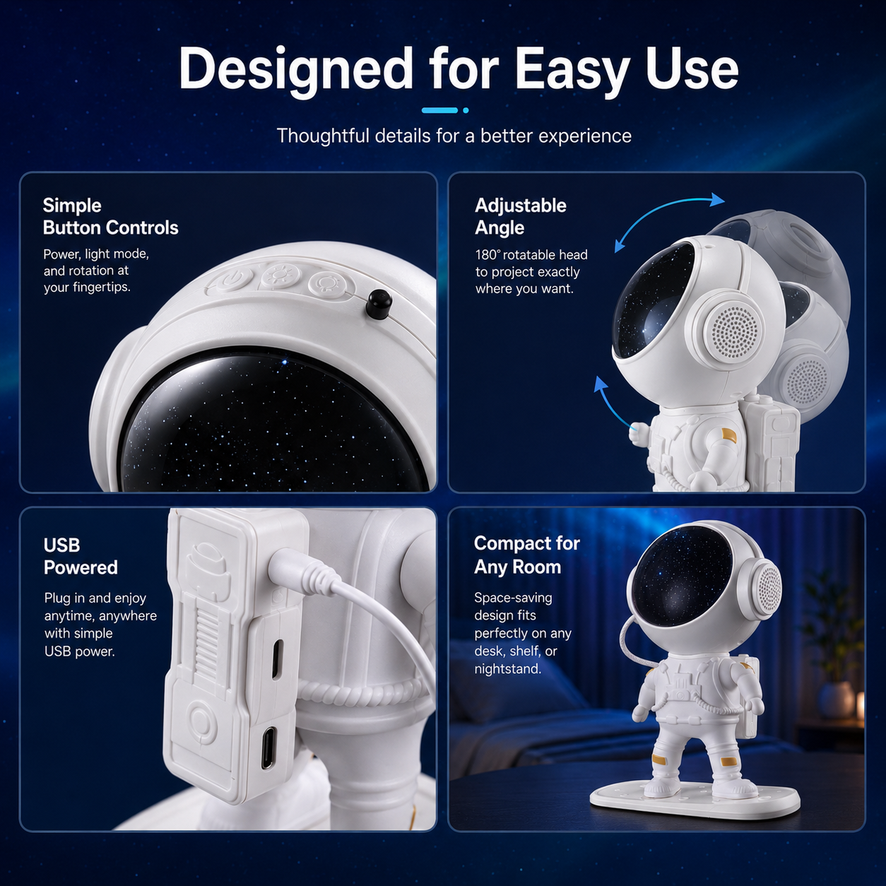 Adjustable astronaut galaxy projector with button controls