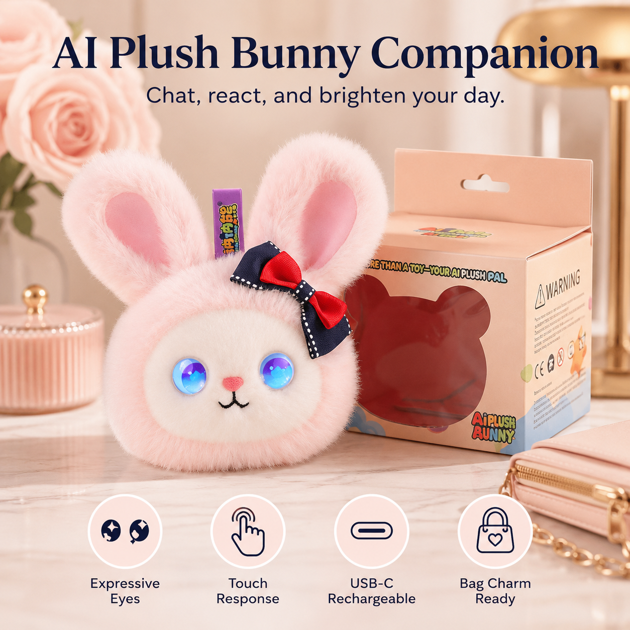 AI plush bunny companion with expressive animated eyes, USB-C charging, touch response, and bag charm design for women