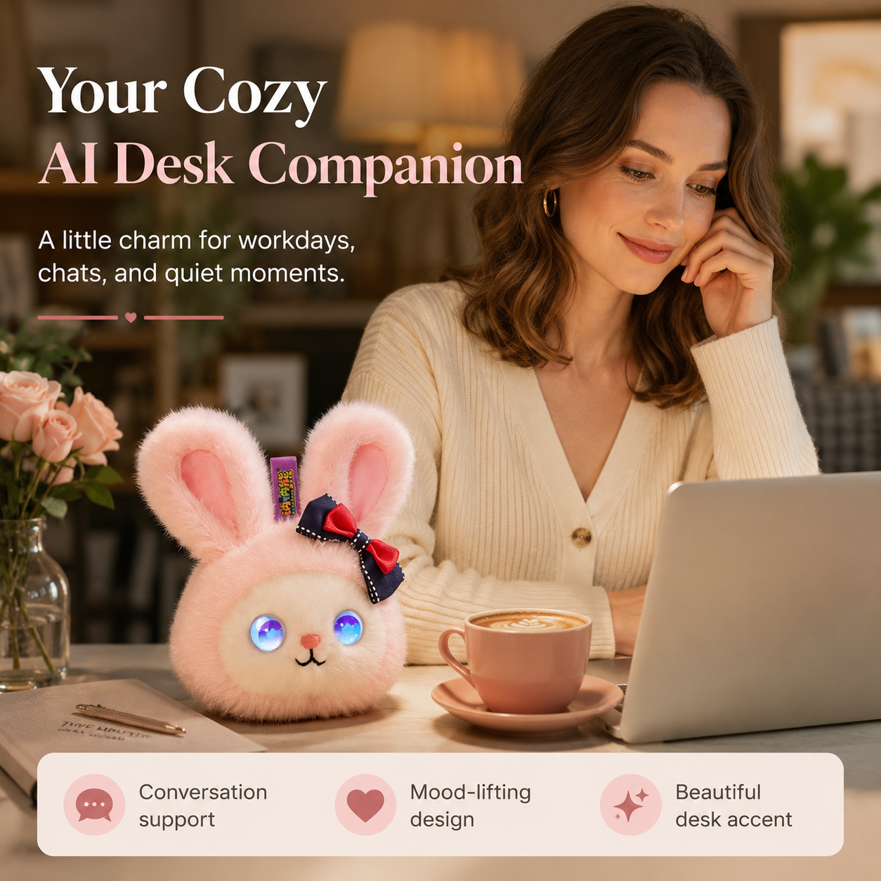 AI plush bunny companion on a cozy desk beside an adult woman, designed for workdays, chats, and quiet moments