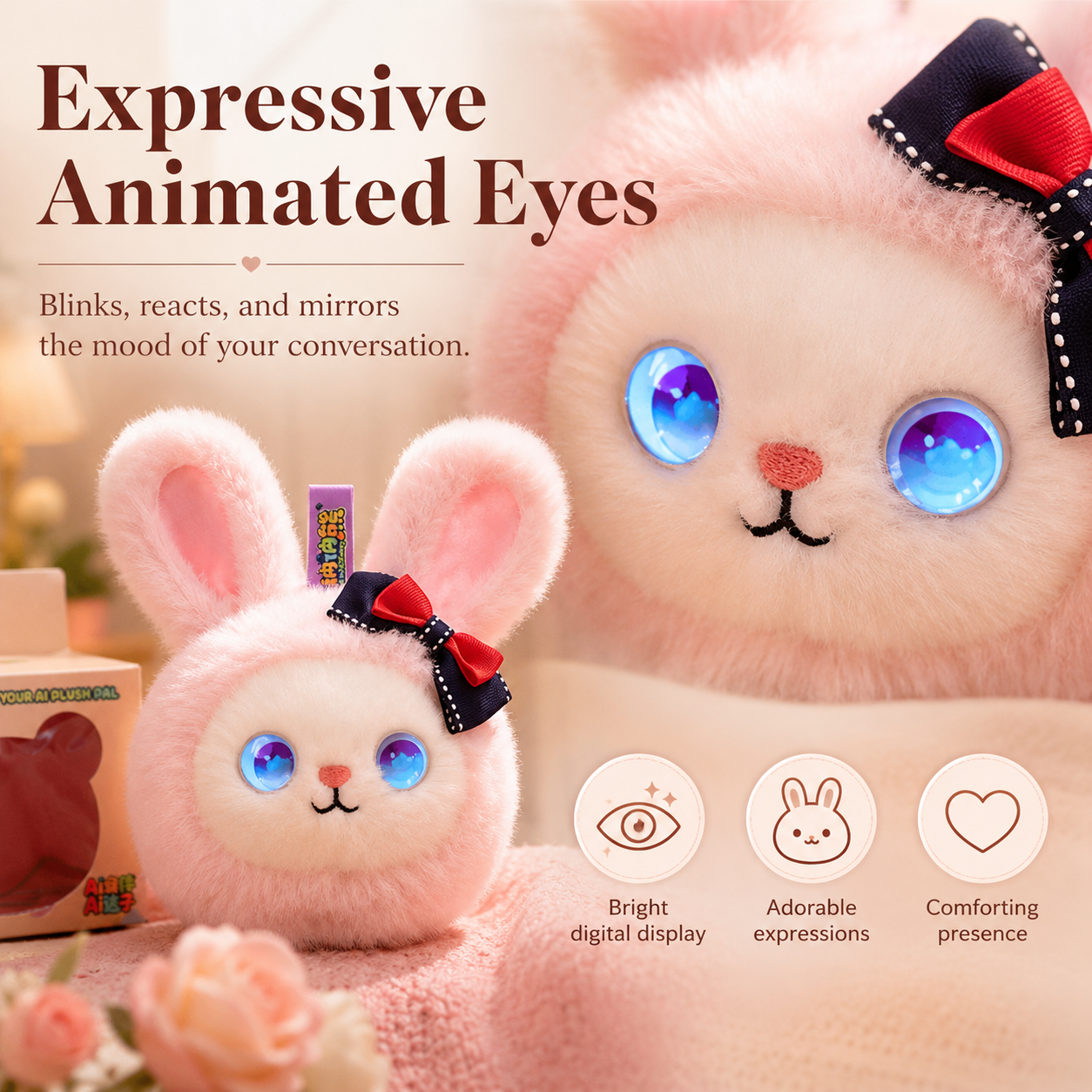 Close-up of AI plush bunny companion with bright animated LED eyes, adorable expressions, and soft faux fur design