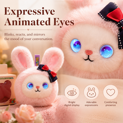 Close-up of AI plush bunny companion with bright animated LED eyes, adorable expressions, and soft faux fur design
