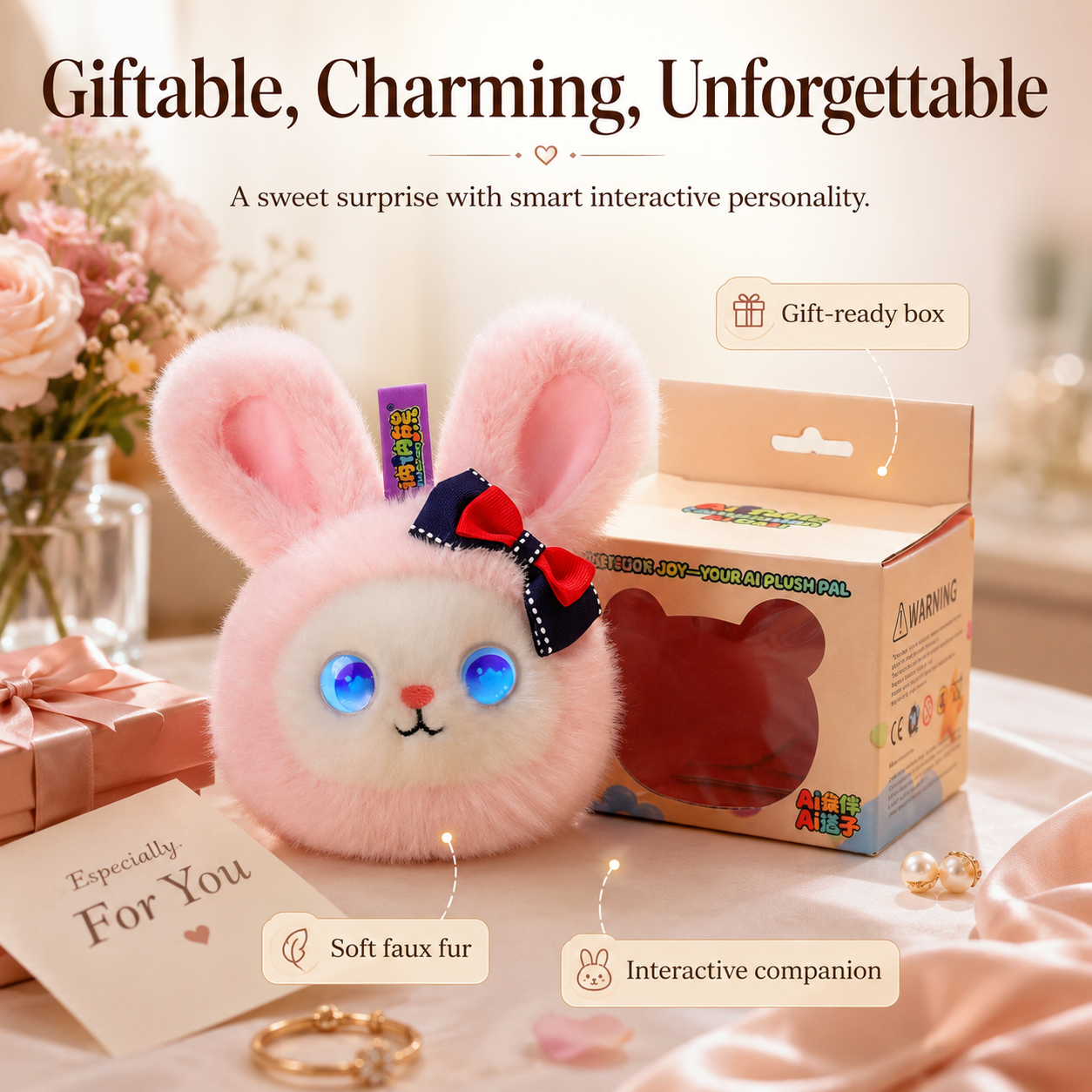 Gift-ready AI plush bunny companion with soft faux fur, animated eyes, and interactive design as a sweet gift for women