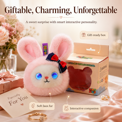 Gift-ready AI plush bunny companion with soft faux fur, animated eyes, and interactive design as a sweet gift for women