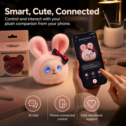 AI plush bunny companion with phone-connected control, AI chat features, daily emotional support, and interactive smart plush design