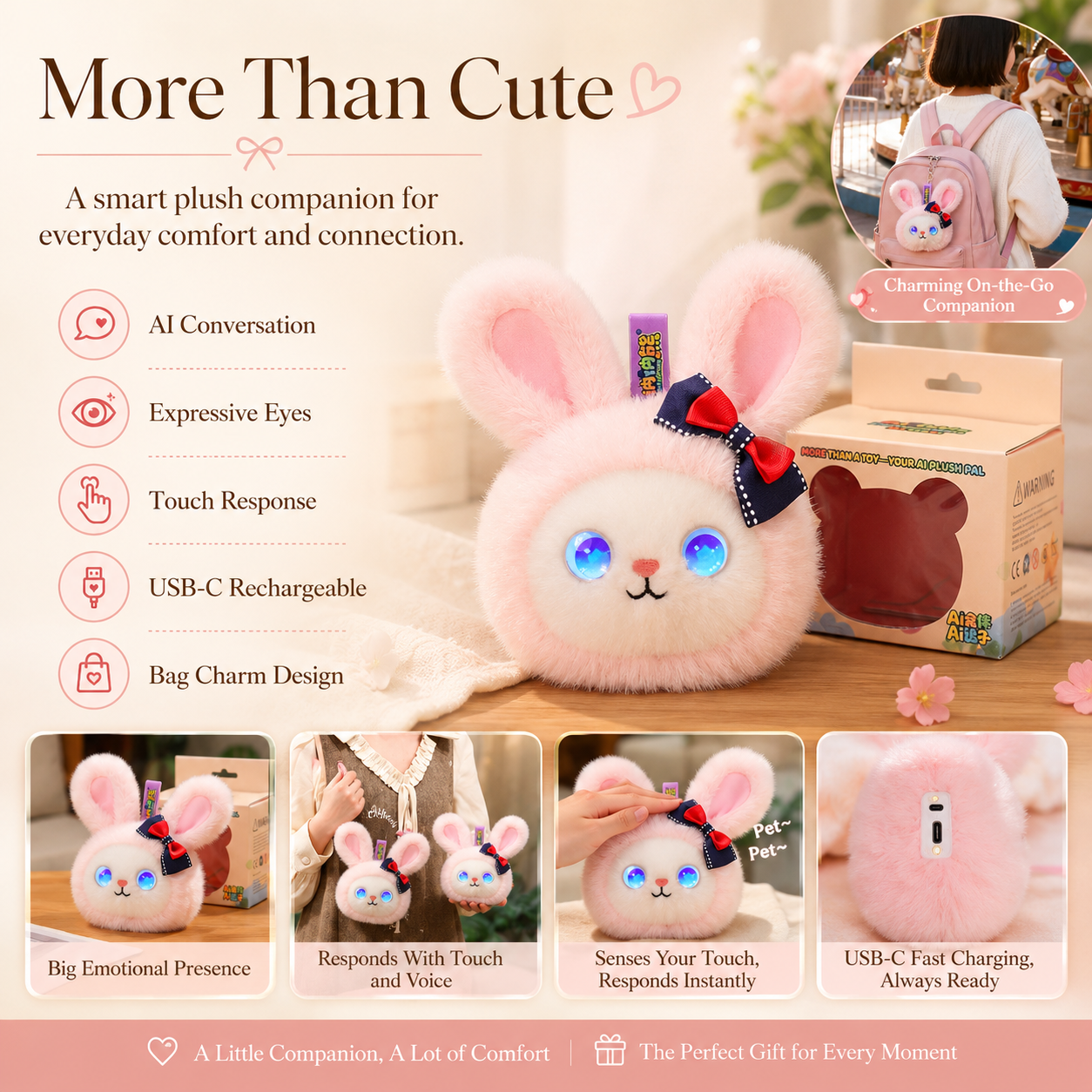 Smart AI plush bunny companion with AI conversation, expressive eyes, touch response, USB-C charging, and bag charm design