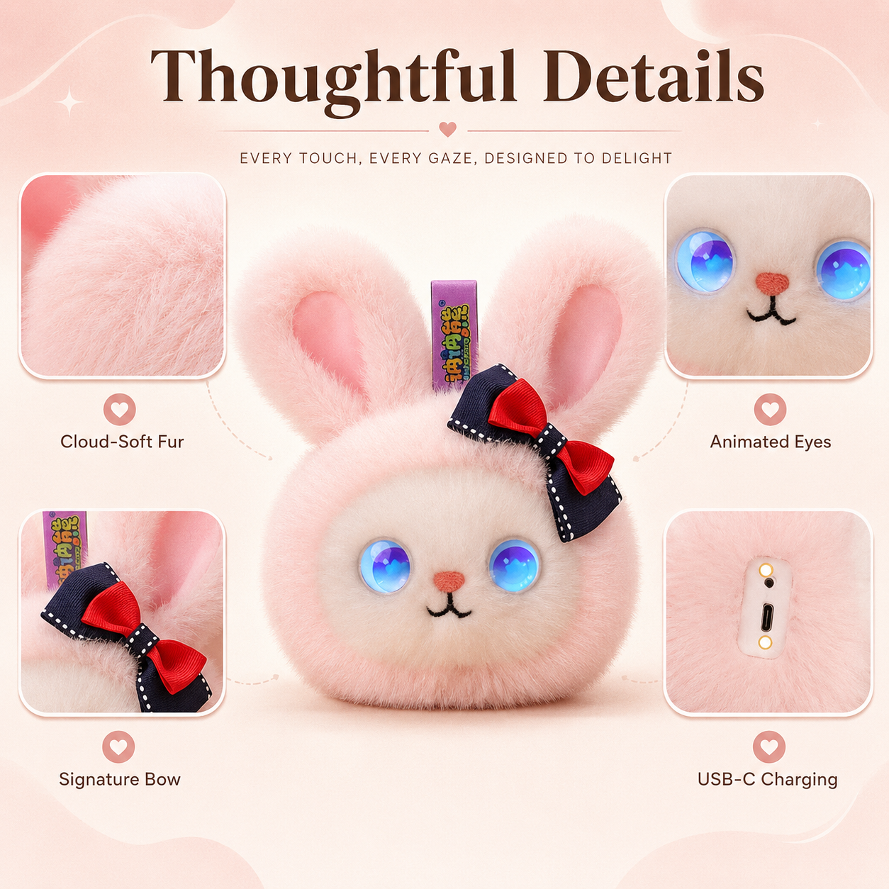 AI plush bunny companion design details showing cloud-soft fur, animated eyes, signature bow, and USB-C charging port