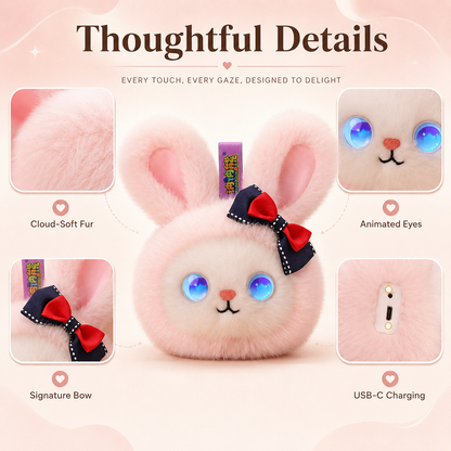 AI plush bunny companion design details showing cloud-soft fur, animated eyes, signature bow, and USB-C charging port
