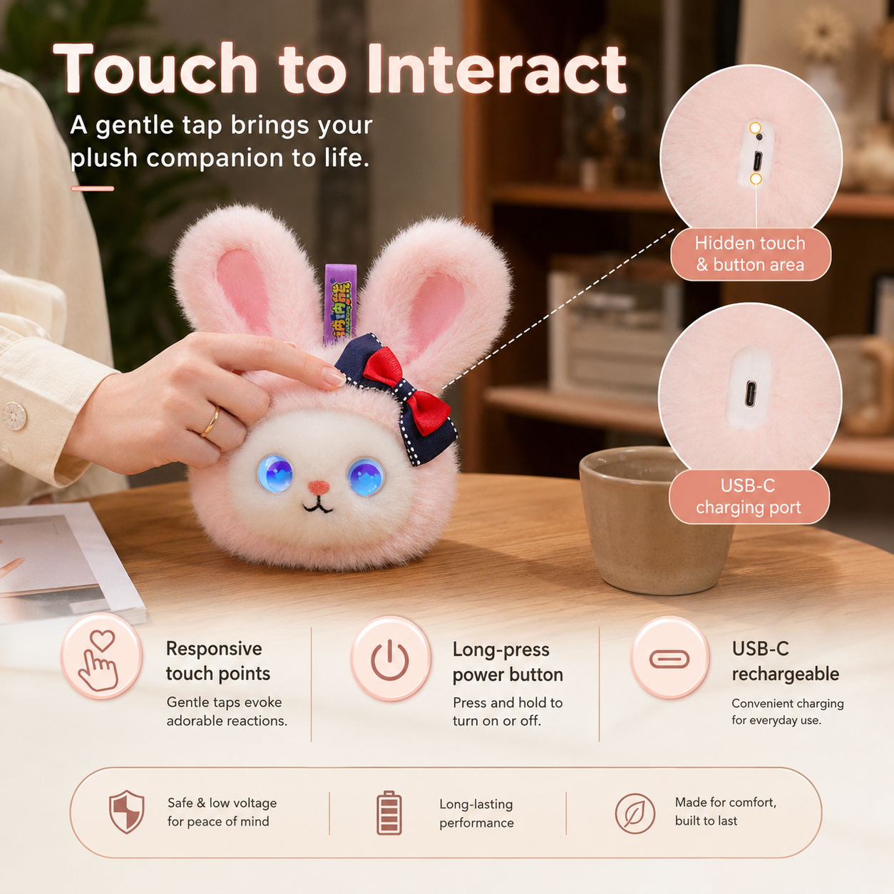 AI plush bunny companion with touch response, hidden button area, USB-C charging port, and interactive plush features