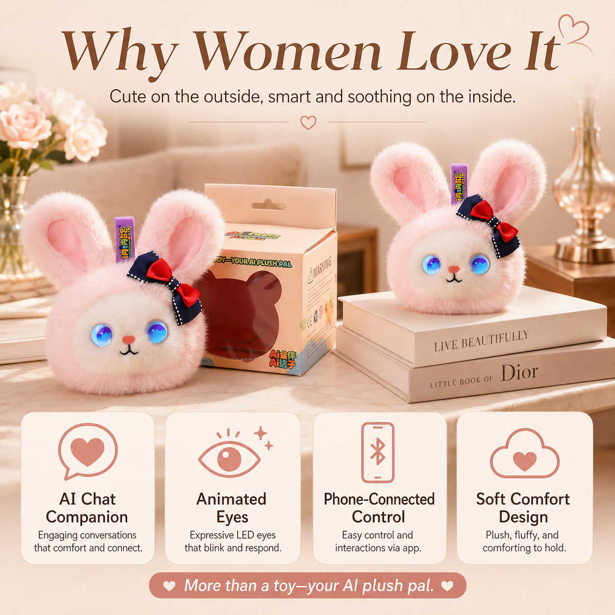 AI plush bunny companion showing AI chat, animated eyes, phone-connected control, and soft comfort design as a cute gift for her