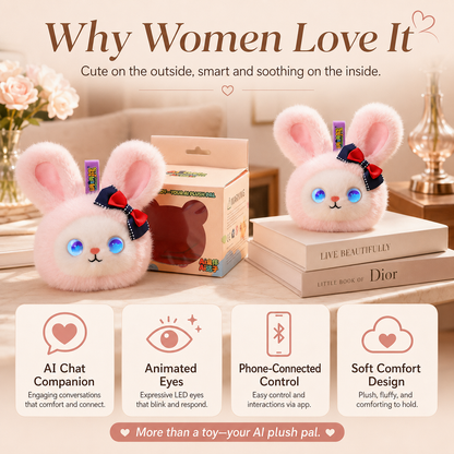 AI plush bunny companion showing AI chat, animated eyes, phone-connected control, and soft comfort design as a cute gift for her