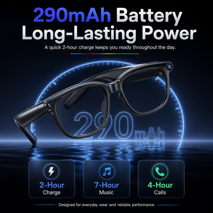 AI smart glasses with 290mAh rechargeable battery, 2-hour charging, up to 7 hours music time, and up to 4 hours call time