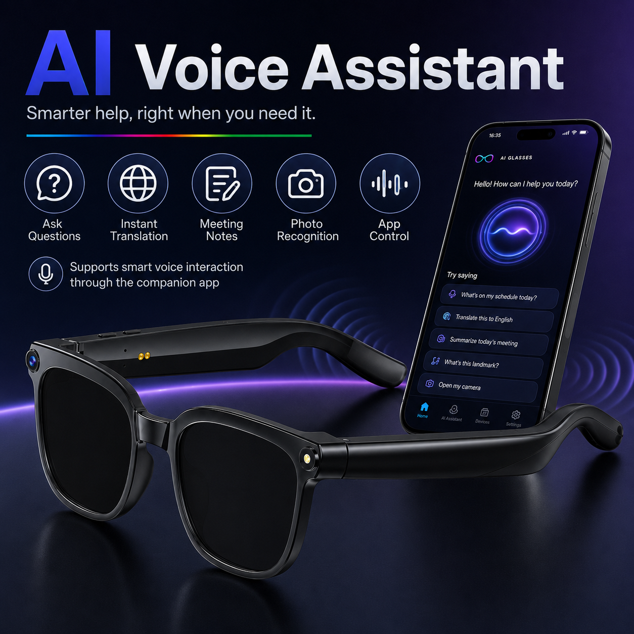 AI smart glasses with voice assistant, instant translation, meeting notes, photo recognition, app control, and smart voice interaction