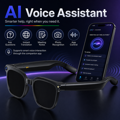 AI smart glasses with voice assistant, instant translation, meeting notes, photo recognition, app control, and smart voice interaction